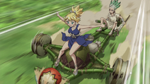 Senku and Kohaku rolling down the mountain