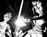 Senku and Chrome sparking light.