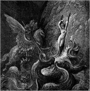 Roger befreit Angelika auf einem Hippogryph reitend aus den Klauen des , Holzstich von Gustave Doré zu Der Rasende Roland