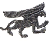 Ägyptische Greifen-Darstellung, auf der zwei Hunde Plakette von 2990 v. Chr