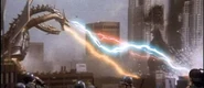 Die Energiestrahlen von Mecha-King Ghidorah beim Kampf gegen Godzilla