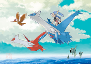 Latias und Latios mit anderen Pokémon und der Reiterin aus dem frühen Konzeptbild