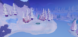 In between the two houses along the frozen lake