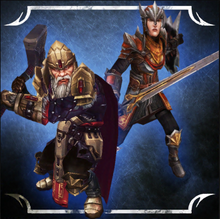 Immagine promozionale del pacchetto eroi dei Guardiani, con Re Endrin Aeducan e Capitano delle guardie Aveline.