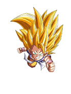 Goku pod postacią Super Saiyanina 3 po przemianie w dziecko.[45][44]