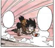 Goku unoszący się w powietrzu wraz z Uubem po tym gdy opuścili arenę Tenkaichi Budokai.[35]