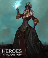 Morrigan in her ballgown in Heroes of Dragon Age