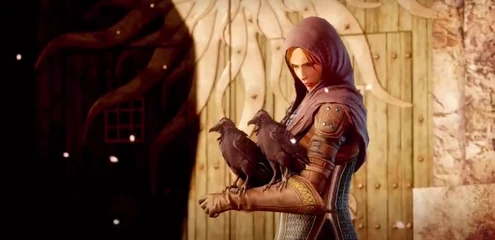 Leliana preparing to release her messenger birds