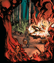 A young Dalish elf boy holding a bucket of water, surrounded by charred corpses and fire.