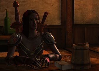 Isabela playing Wicked Grace at the Pearl in Dragon Age: Origins.