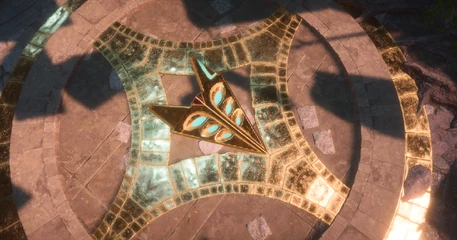 The pantomime theater mask of Fen'harel embedded into the floor of the Crossroads outside the Lighthouse