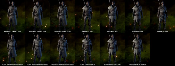 Rüstungsvariationen für Dorian (leichte, mittlere und schwere Rüstung)