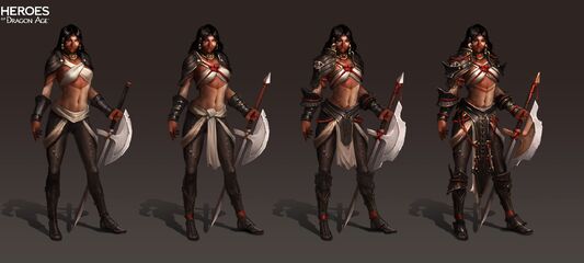 Artwork of Qunari Isabela's tier progression in Heroes of Dragon Age