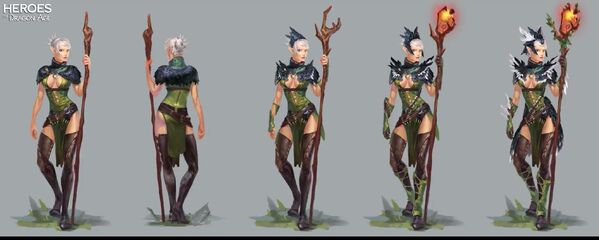 Artwork of Velanna's tier progression in Heroes of Dragon Age