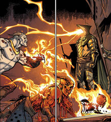 Titus using the power of dragonfire against several Qunari.