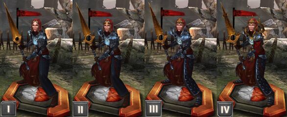 Tier progression of Knight-Commander Meredith in Heroes of Dragon Age