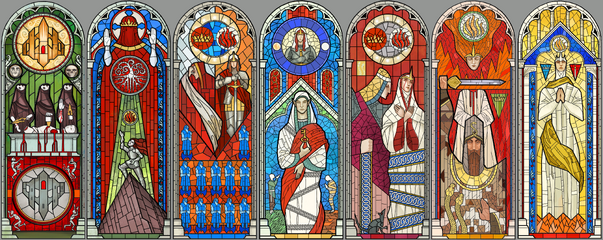 Stained-glass windows telling Andraste and Shartan's story, featuring Shartan in the center