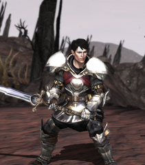 Carver in an alternate version of the Kirkwall City Guard armour in the Dragon Age II demo