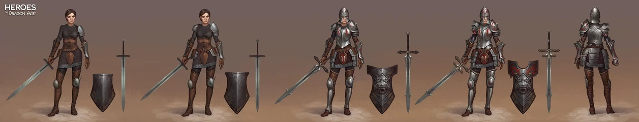 Artwork of Mhairi's tier progression in Heroes of Dragon Age