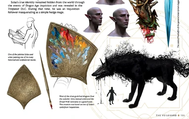 Concept art of Solas's wolf form and his paint palette from The Art of Dragon Age: The Veilguard
