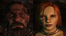 A tattooed male noble dwarf and a branded casteless female dwarf.