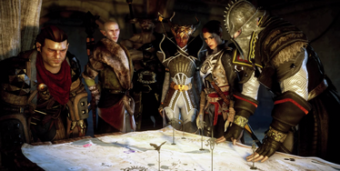 The Inquisitor and companions Varric Tethras, Solas, Iron Bull, Vivienne and Cassandra Pentaghast