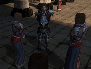 Hugh in Act 2 together with Ruvena and Paxley, wearing guardsman armor