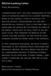 Halward Pavus' letter to Mother Giselle regarding Dorian