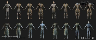 Turnaround sheet showing Solas and examples of clothing customization