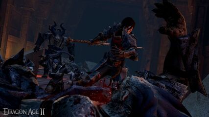 Female Hawke fighting darkspawn