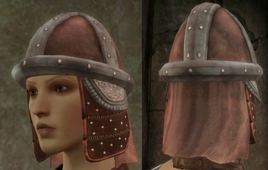 Studded helmet on Leliana