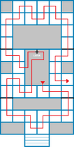 Solution to the eastern puzzle, with gates and the lever that controls them in black. (In order to complete the puzzle in the manner displayed, it is necessary to intentionally reset the puzzle, and then restart it from the area in the middle in order to be in the correct starting position.)