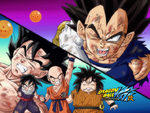 A heavily injured Son Goku, Son Gohan, Klilyn, Yajirobe, and an injured Vegeta