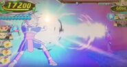 Super Saiyan Cabba firing the Galick Cannon at Whis in Dragon Ball Heroes