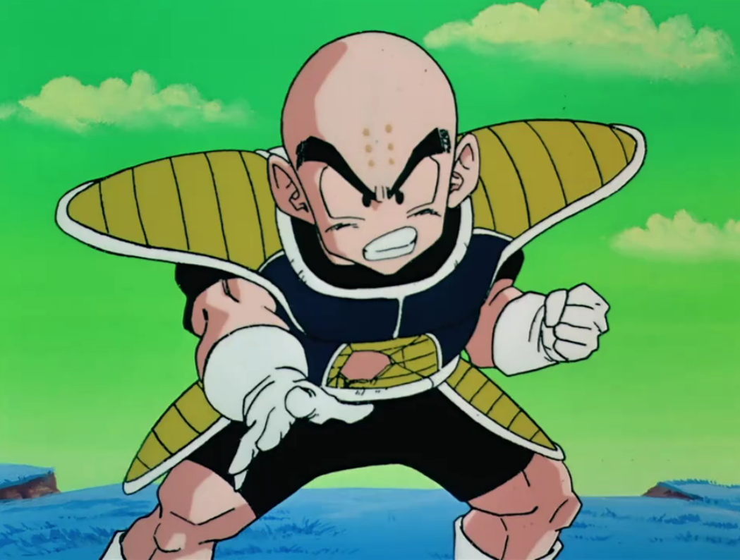 Krillin cuts off part of Frieza's tail with a Destructo Disc. 