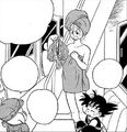 Bulma in a towel yelling at Oolong for not having pajamas that fit her