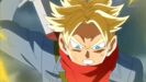 Super Saiyan 2 Future Trunks about to attack out-all Super Saiyan 3 Goku