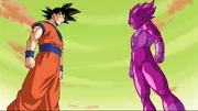 Goku and Duplicate Vegeta preparing to fight