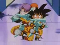 Trunks and Goku prevent the missiles from hitting Pan