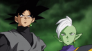 Goku Black with Zamasu seeing Goku, Vegeta and Trunks approaching