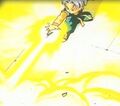 Present Trunks firing an energy wave at Goten