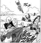 DXRD Caption of Tien kicks off Frog-Face's race soldier while Gohan lures PTO soldiers in the BG, Fukkatsu No F Manga chapter 3