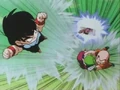 Gohan and Krillin flying away from Dodoria