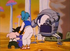 Son Goku, Bulma e Oolong si confrontano con una Pilaf Machine.