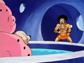 Mr. Satan about to take a bath with Majin Buu and Bee