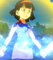 Videl giving energy from the Saiyan baby inside her