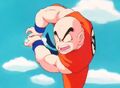 Krillin prepares a Kamehameha to attack Nappa