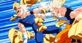 Goku uses a rock slab to bash Vegeta