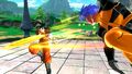 Promotional Male Earthling Future Warrior wearing the Pilot Suit using the Destructo Disc on Goku at the Cell Games Arena in Xenoverse