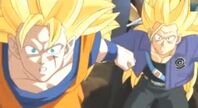 Gohan del Futuro y Trunks del Futuro en Super Saiyan 3 en Dragon Ball Heroes.